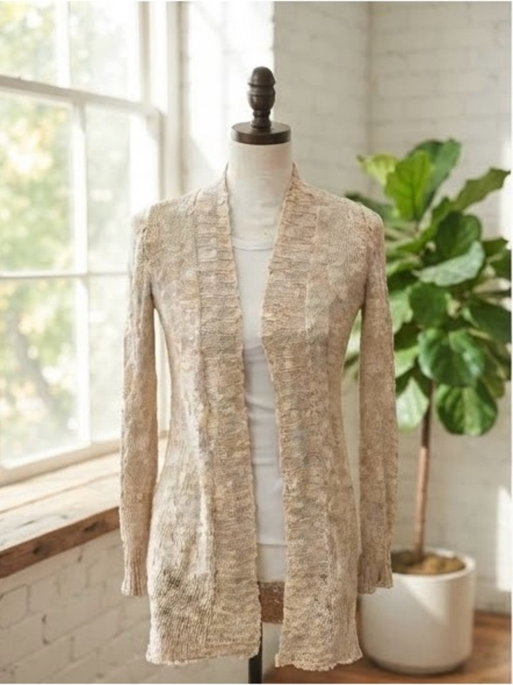 Lucky Brand Cream Open Knit Crochet Cardigan Sweater Boho Festival Medium M